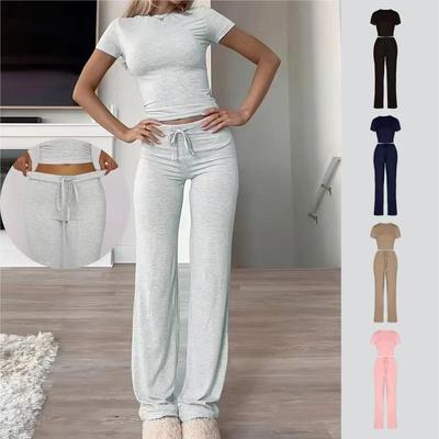 Spring 2025 Women's Solid Color Casual Two-Piece Set - Short Sleeve Top & Long Pants