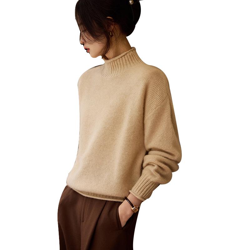 Women's Autumn Winter 100% Pure Wool High Neck Red Rolled Edge Sweater - Loose Fit, Lazy Style
