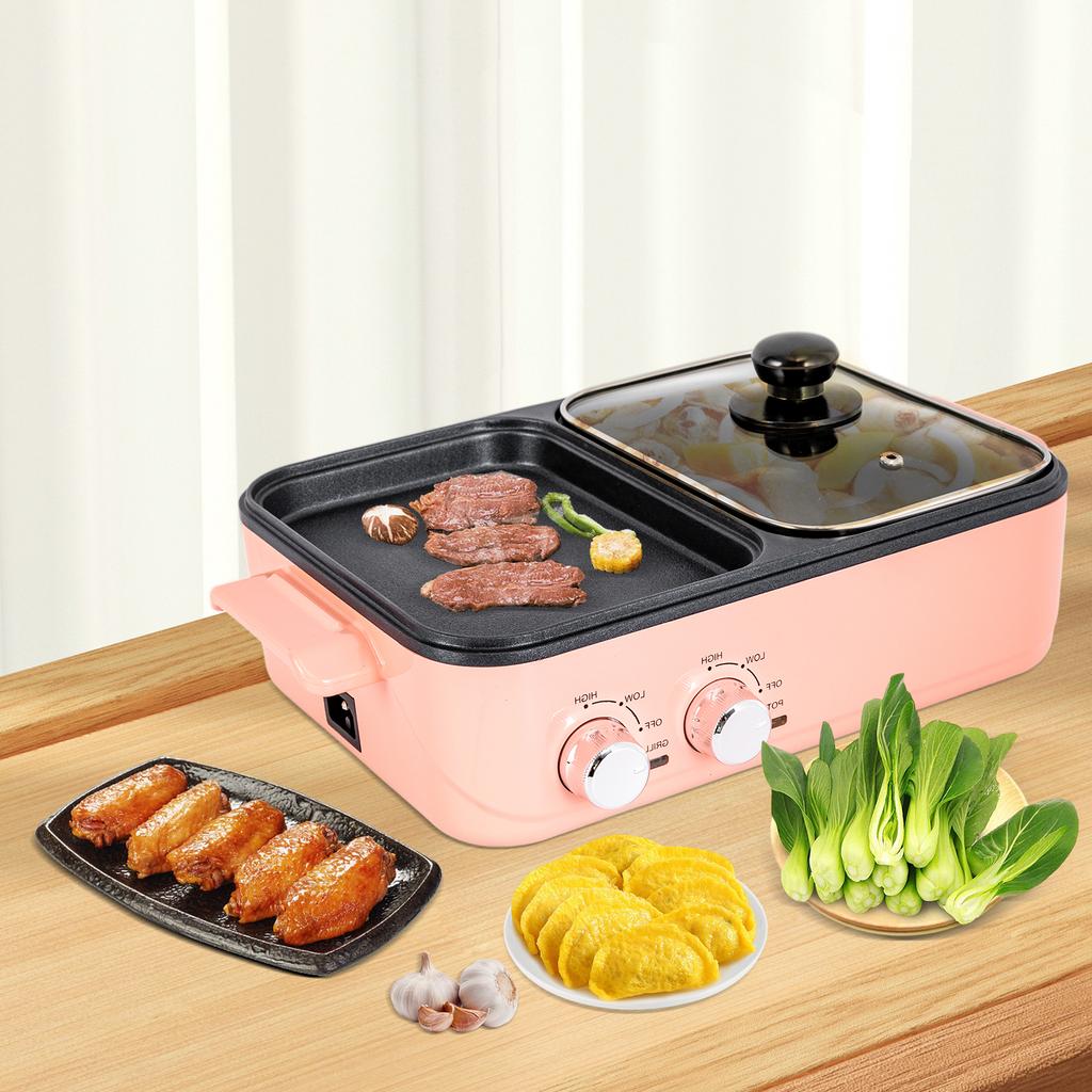 Electric Hot Pot with Grill, 2 In 1 Nonstick Griddle&Hot Pot for Steak/Shabu Shabu/BBQ, Separate Dual Temperature Control, Pink