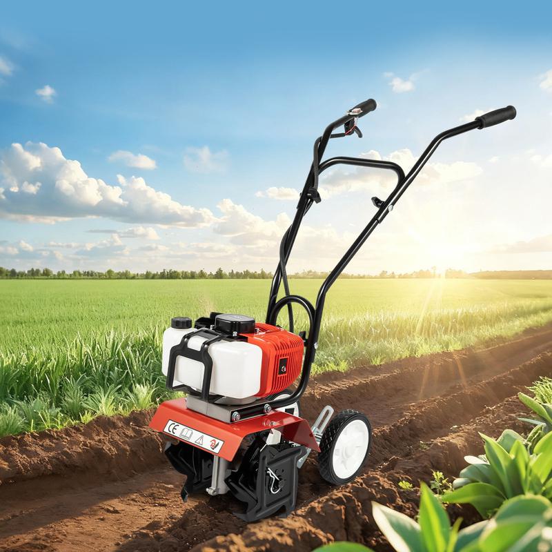 52cc 2-Stroke Gas Tiller, 1900W Cultivator w/ 4 Steel Blades, Handheld Pull-Start Tiller for Garden, Farm, Greenhouse Tilling