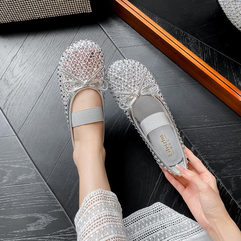 Fashion Summer Rhinestone Size 43 Shoes for Women 2025 New Comfortable Mesh Hollow Half Slippers Women Luxury Mary Jane Flat Shoes
