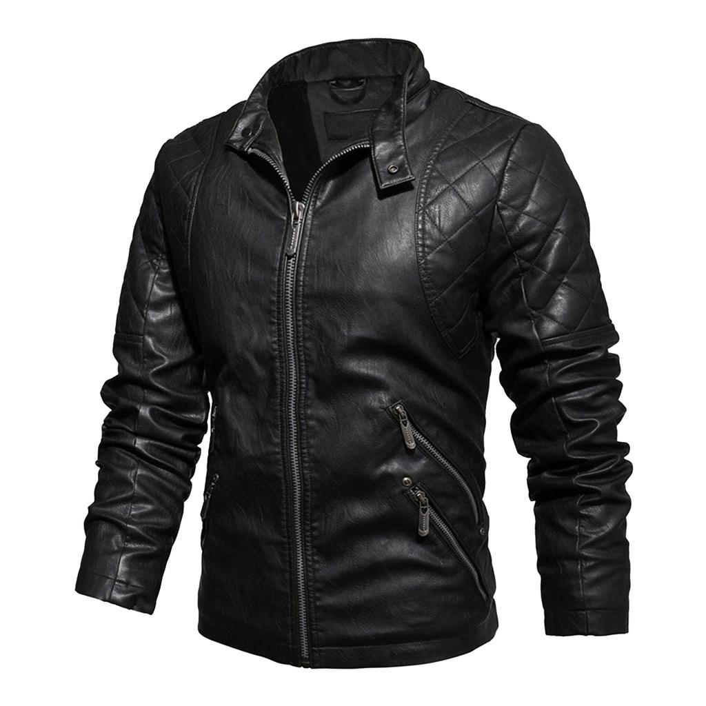 Men's Fashion Casual Solid Color Plus Velvet Lapel PU Leather Jacket