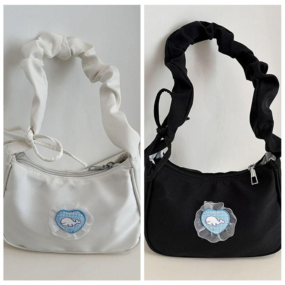 Nylon Canvas Underarm Bag Bow Hobo Bag Sweet Pleated Strap Shoulder Bag  Women