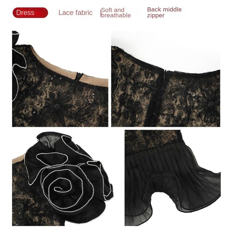 GMXIA Letní dámské šaty Francouzský design rukávů s okvětními lístky Zeštíhlující krajka Rybí ocas Delikátní šaty