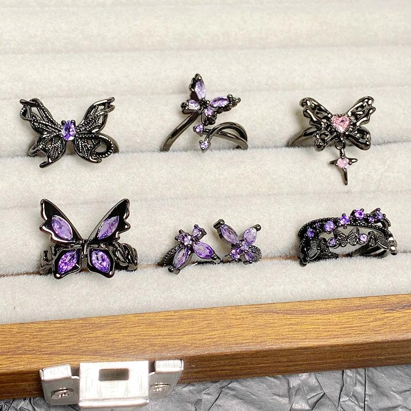 [Butterfly Purple Que] Dark Butterfly Purple Diamond Punk Personality Open Ring Spice Girls Stack Niche Design Rings