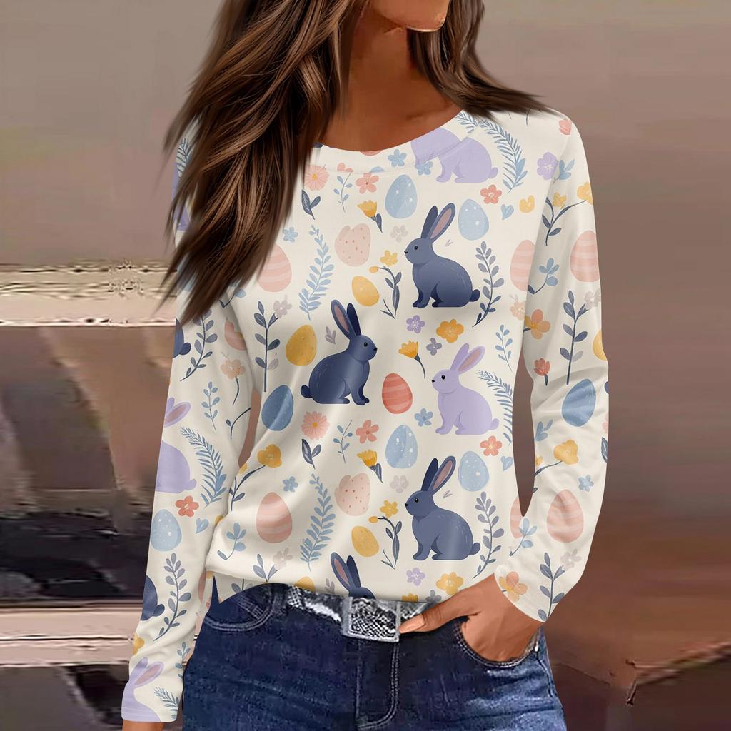 Damska modna, swobodna, rozcięta na dole, okrągły dekolt, długi rękaw, luźny, nadrukowany T-shirt