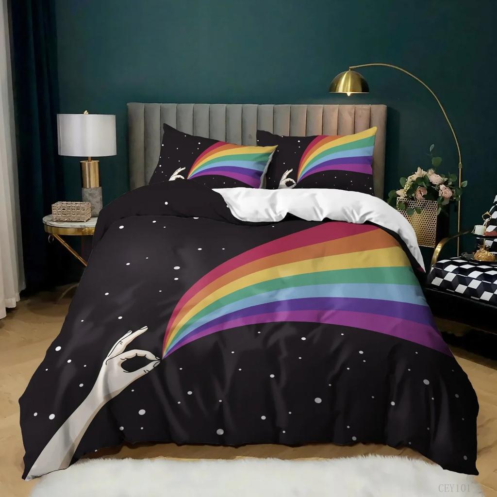 Regenbogen-Bettbezug, KingQueen-Size, LGBT, abstraktes Regenbogen-Herz-Bettwäscheset für Mädchen und Frauen, bunte Linien, weicher Bettbezug