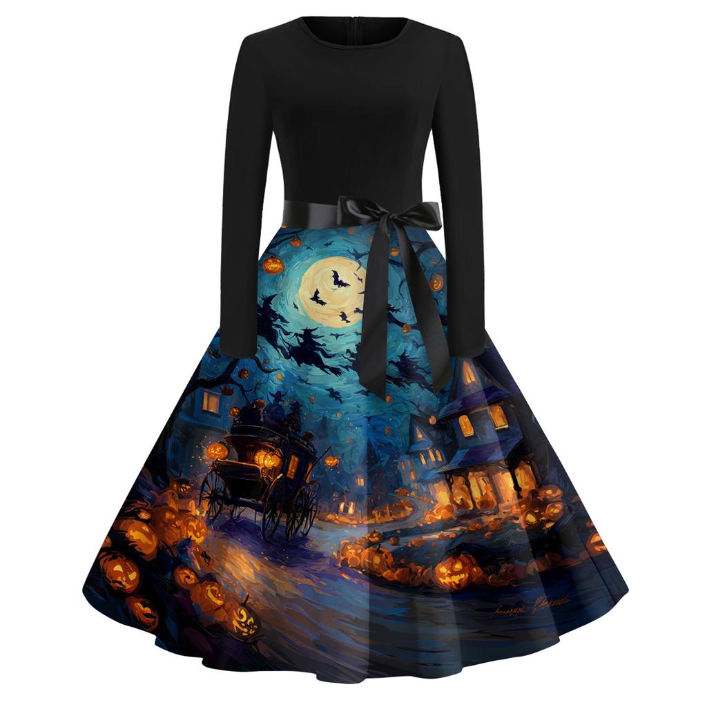 Women's Vintage Long Sleeve Round Neck Dress Halloween Printed Party Dress with Bow Waist Tie and Flared Skirt Suitable for Evening Events