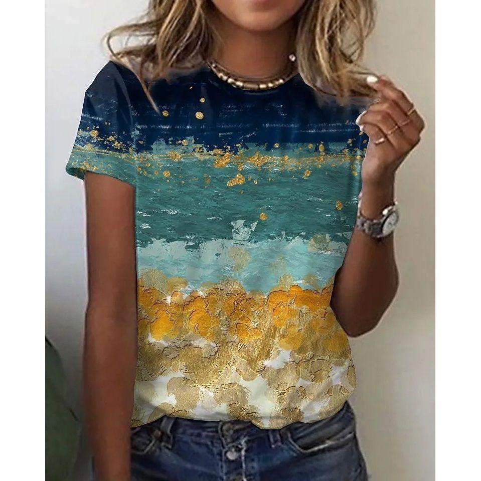 Women's Poppy Flower Print T-Shirt - Oil Painting Style Short Sleeve Casual Top