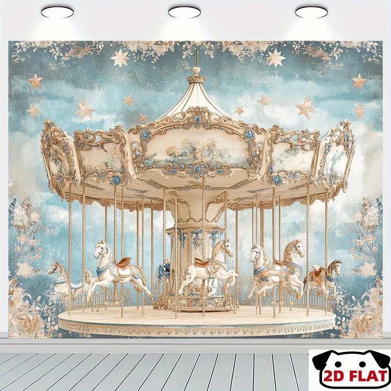 2D Romantic Blue Carousel Photo Booth Background Cloth
