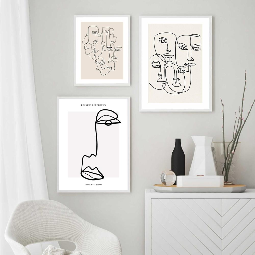 Abstrakte Linie Gesicht Galerie Kunst Poster Beige Schwarz Leinwand Malerei Trendy Boho Bilder Zimmer Wand Dekor Innen Wohndekoration