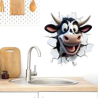 3D Cartoon Lustige Kuh Realistische Wandaufkleber, Selbstklebende Dekoration für Zimmer Wohnzimmer Hintergrundwanddekoration