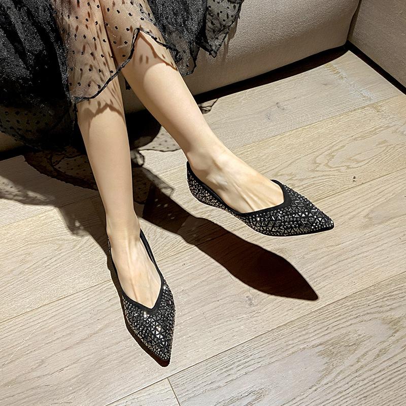 Flat Bottom Soft Bottom Shallow Mouth Pointed Single Shoes Rhinestone Sequins Women's Large Size Women's Shoes