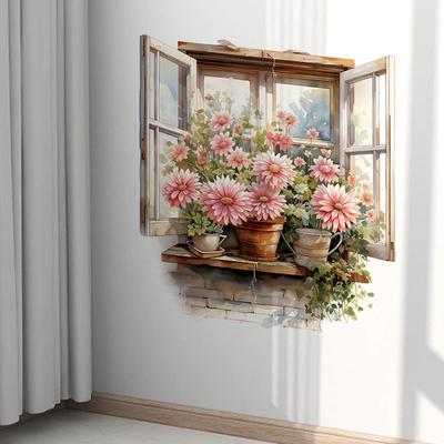 Sticker Mural Fleurs de Fenêtre Romantique Salon Mur Couloir Fond Décoration de Maison Art Mural Auto-Adhésif Imperméable