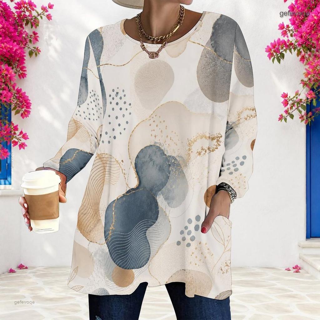 Women Plus Size Round Neck Long Sleeve Abstract Print Loose Longline T Shirt With Pockets