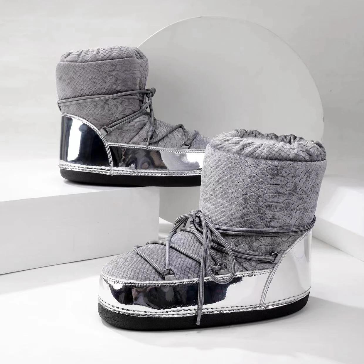 

Модная зимняя обувь большого размера, утолщенные плюшевые женские луноходы средней длины, женские лыжные ботинки, водонепроницаемая модная обувь большего размера 42-43 серебряный