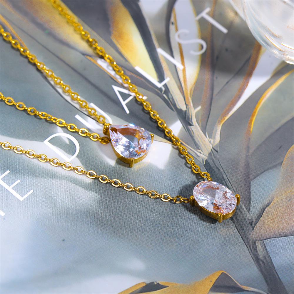 Zirconia Crystal Water Drop Pendant Necklace, Titanium Steel, Vacuum Electroplated, Geometric Design.