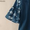 ZANZEA Women Casual Stand Collar Loose Print Splice 3/4 Sleeve Blouse