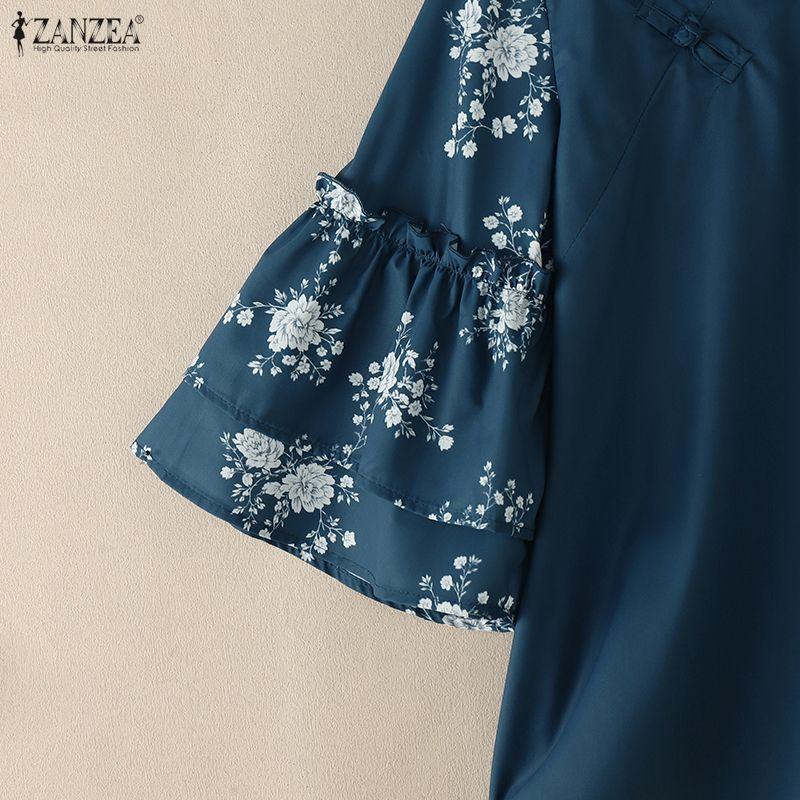 ZANZEA Women Casual Stand Collar Loose Print Splice 3/4 Sleeve Blouse