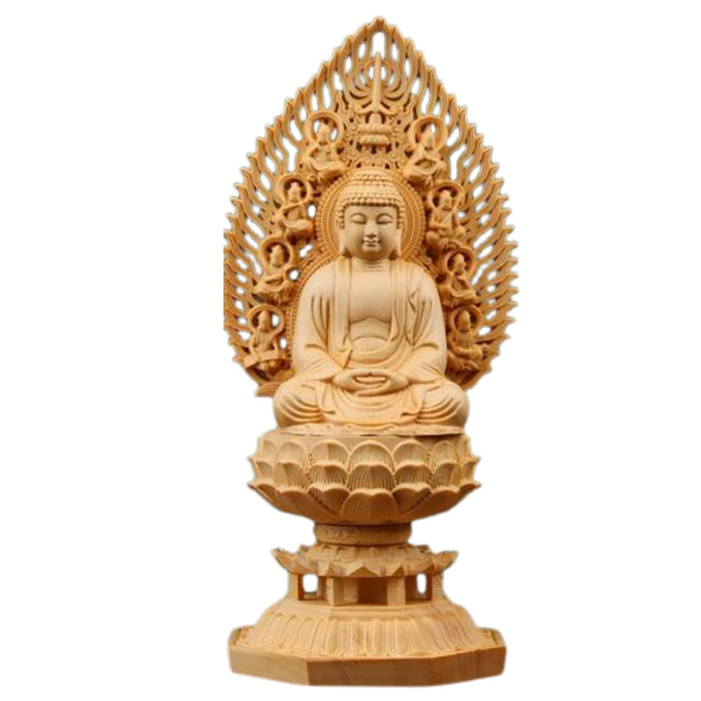 

ORIJIRI Buddha Statue, Shaka Nyorai (Great Buddha), Hinoki Wood Carving with Flying Celestial Halo, Suitable for the Soto, Rinzai, and Nichiren