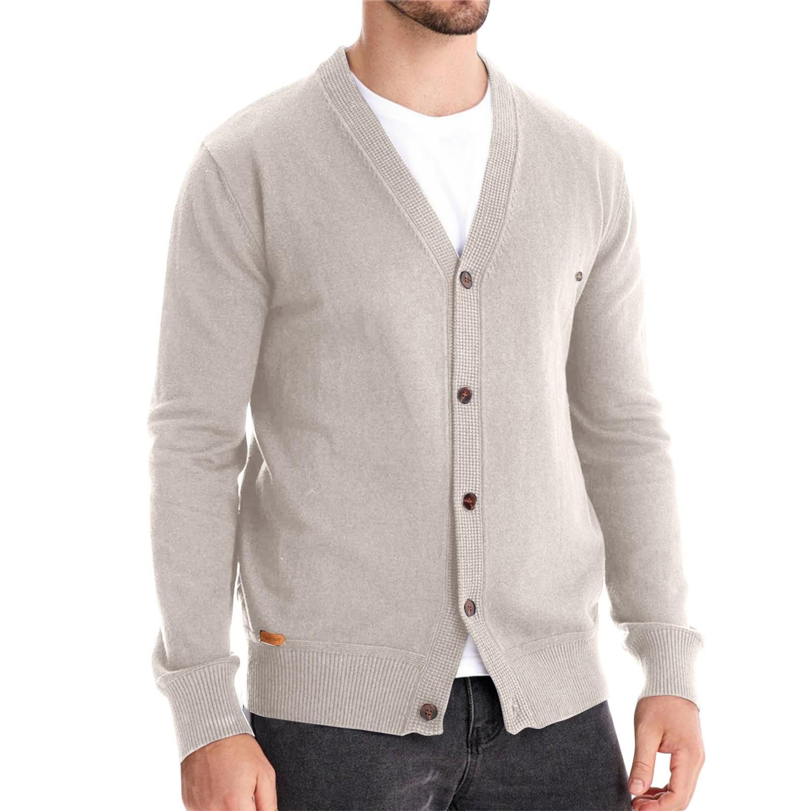 

Мужская зимняя однотонная куртка-свитер с длинным рукавом, мужской свободный однотонный вязаный кардиган на пуговицах L бежевый