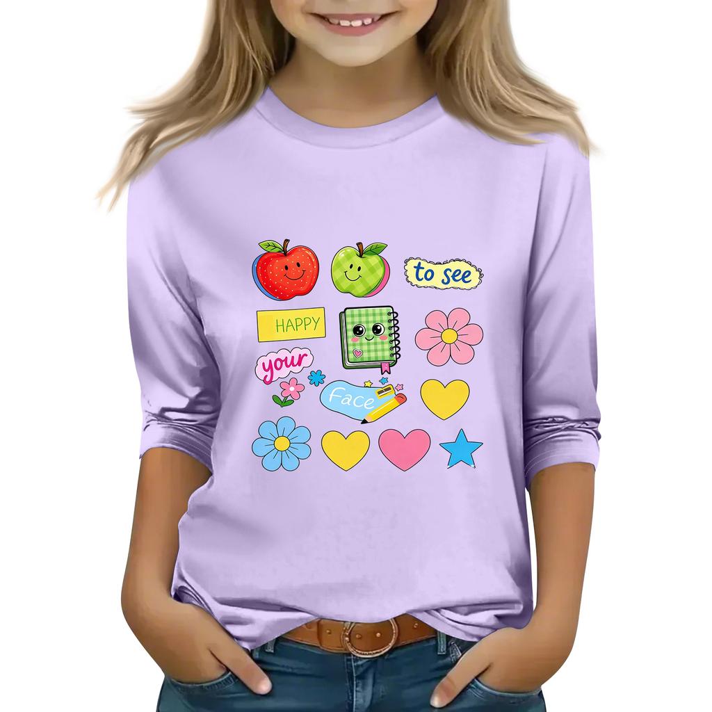 Kids Printed Three-Quarter Sleeve Round Neck Top for Back to School Casual Wear