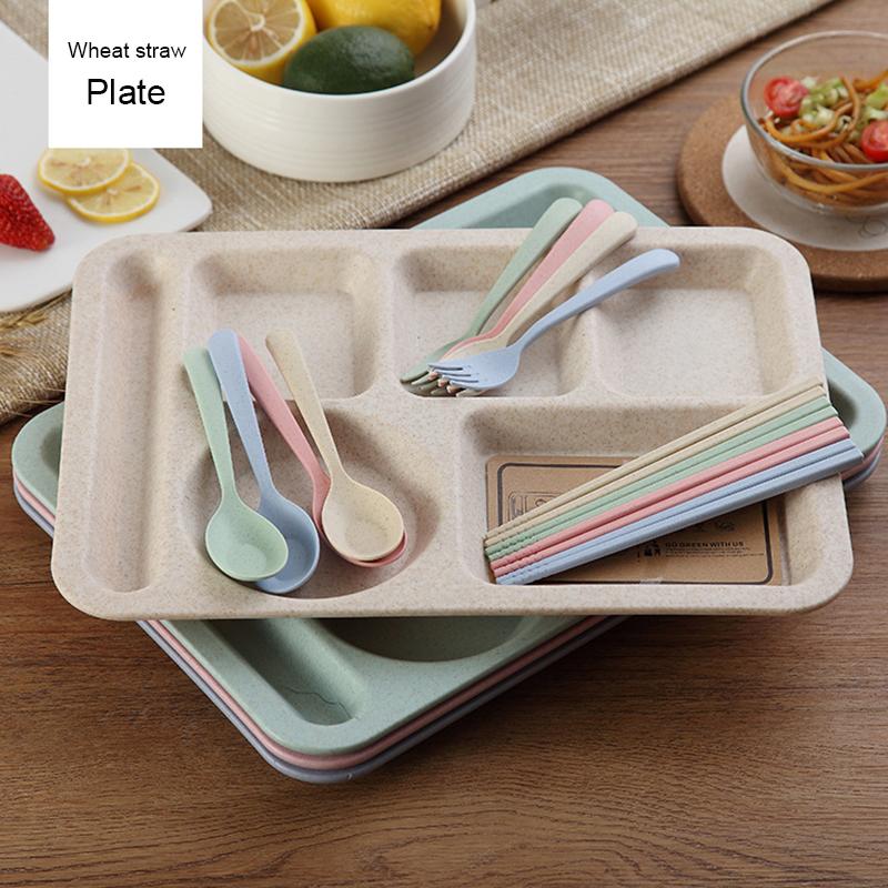 Kinderteller aus Weizenstroh Geschirr Teller Student Frühstücksteller Babyteller Schüssel Kindergarten Löffel Gabel Besteckset