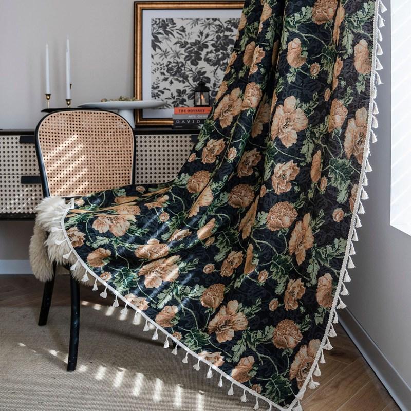 Polyester Cotton American Style Retro Jacquard Tassel Oil Painting Curtain Living Room Semi-shading Drape Kitchen Valance