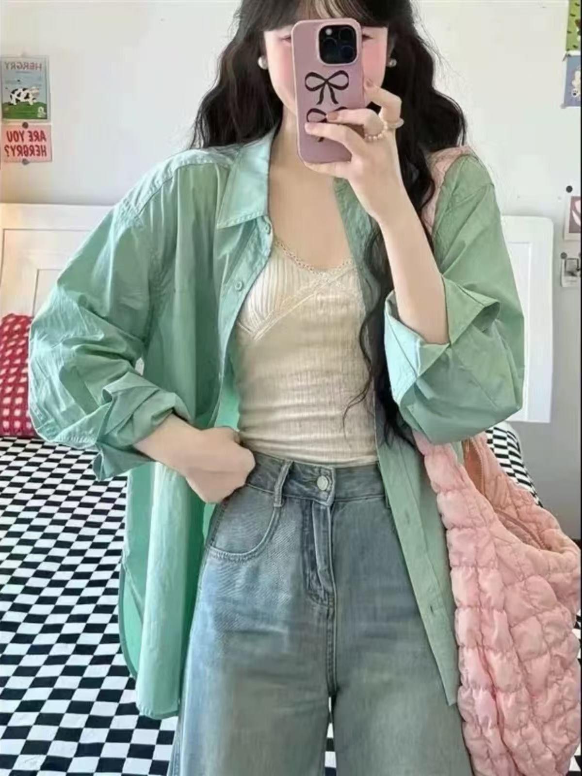 

Весна 2025 Женский кардиган цвета озерной зелени из чистого хлопка с длинным рукавом - Свободный, Универсальный, Стройнящий XL озеро зеленый