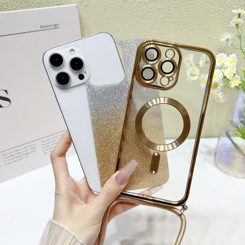 Strap Magnetic Case For Samsung S25 Ultra Galaxy S24 FE S21 S26 S22 S23 Plus A56 WirelessGlitter Plating Crossbody Lanyard Cover