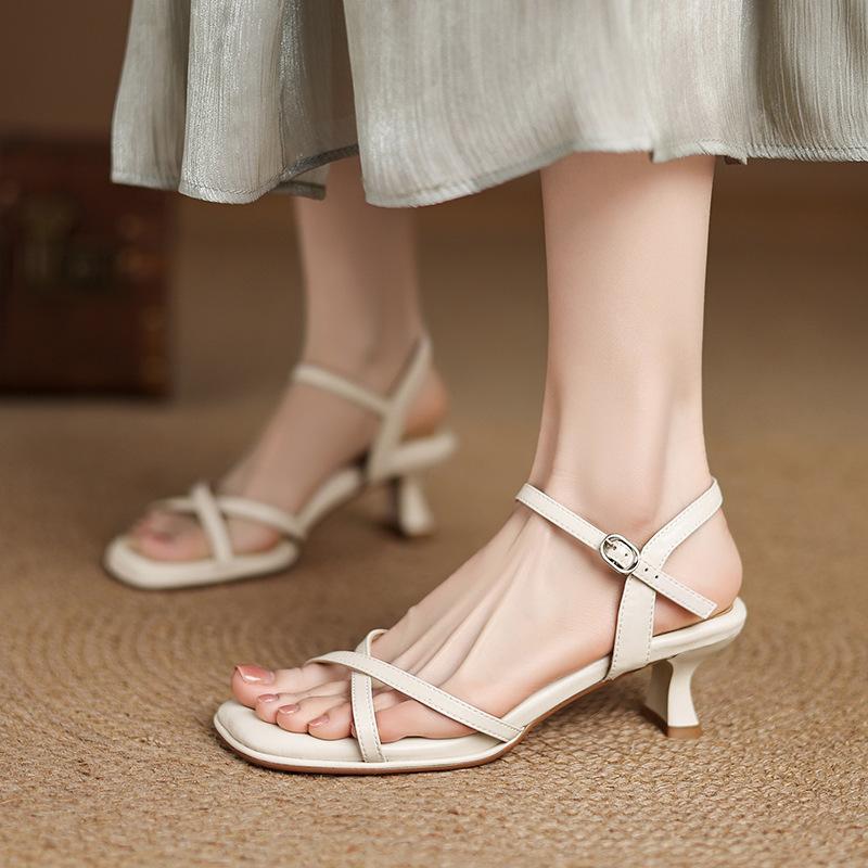 Square head one-word with stiletto sandals women's skirt medium heel versatile open-toed high heels