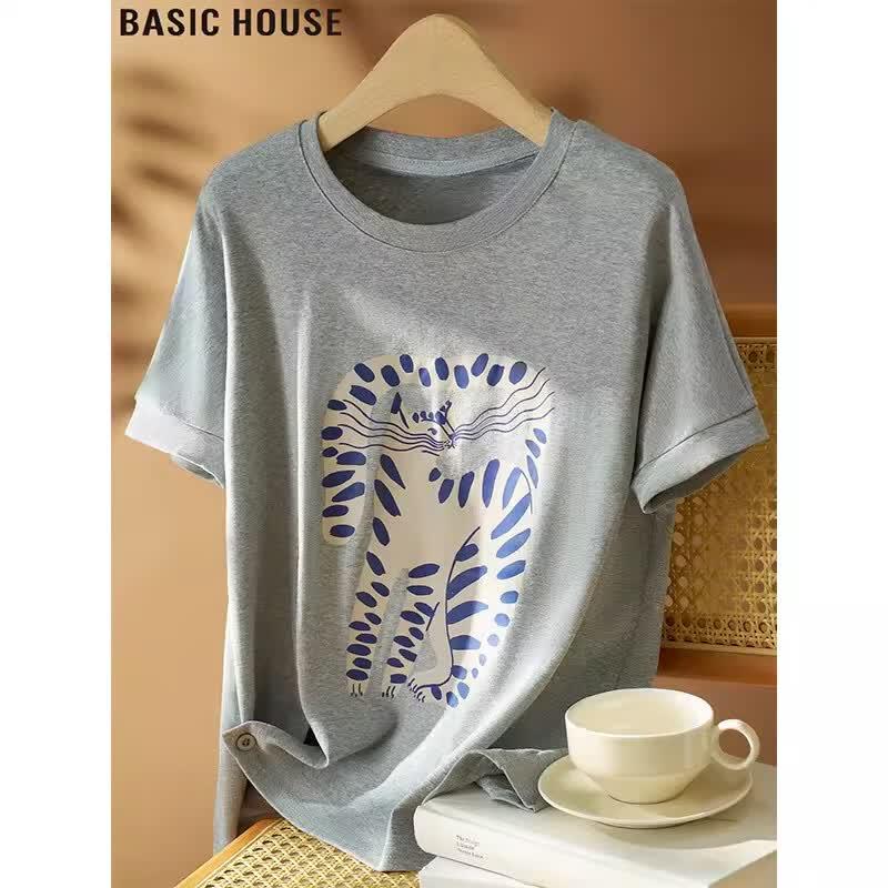 Basic House Women s Cat Print Short Sleeve T-Shirt M
