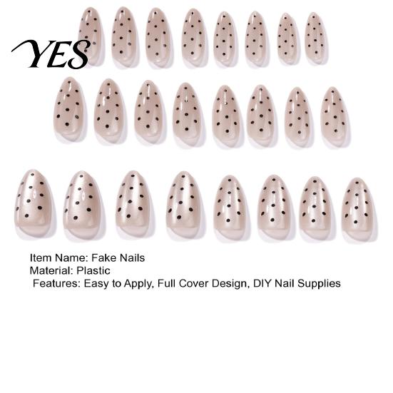 Black Dot Fake Nails 24Pcs Polka Dots Press on Nails, Long Almond Stick-on On Glossy Full Cover Glue False for Women Girls Comfortable