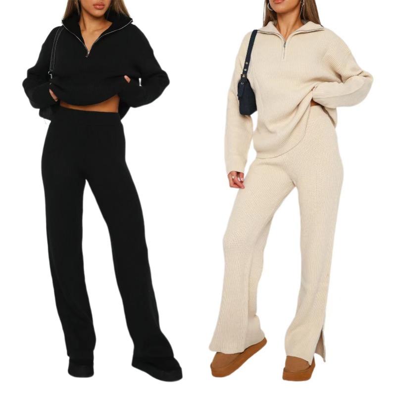 Frauen lose gestrickte Pullover Langarm übergroße hohe Kragen warme Pullover Mode weibliche Herbst Büro Casual Pullover Top Wolle Reißverschluss Anzug zweiteilig