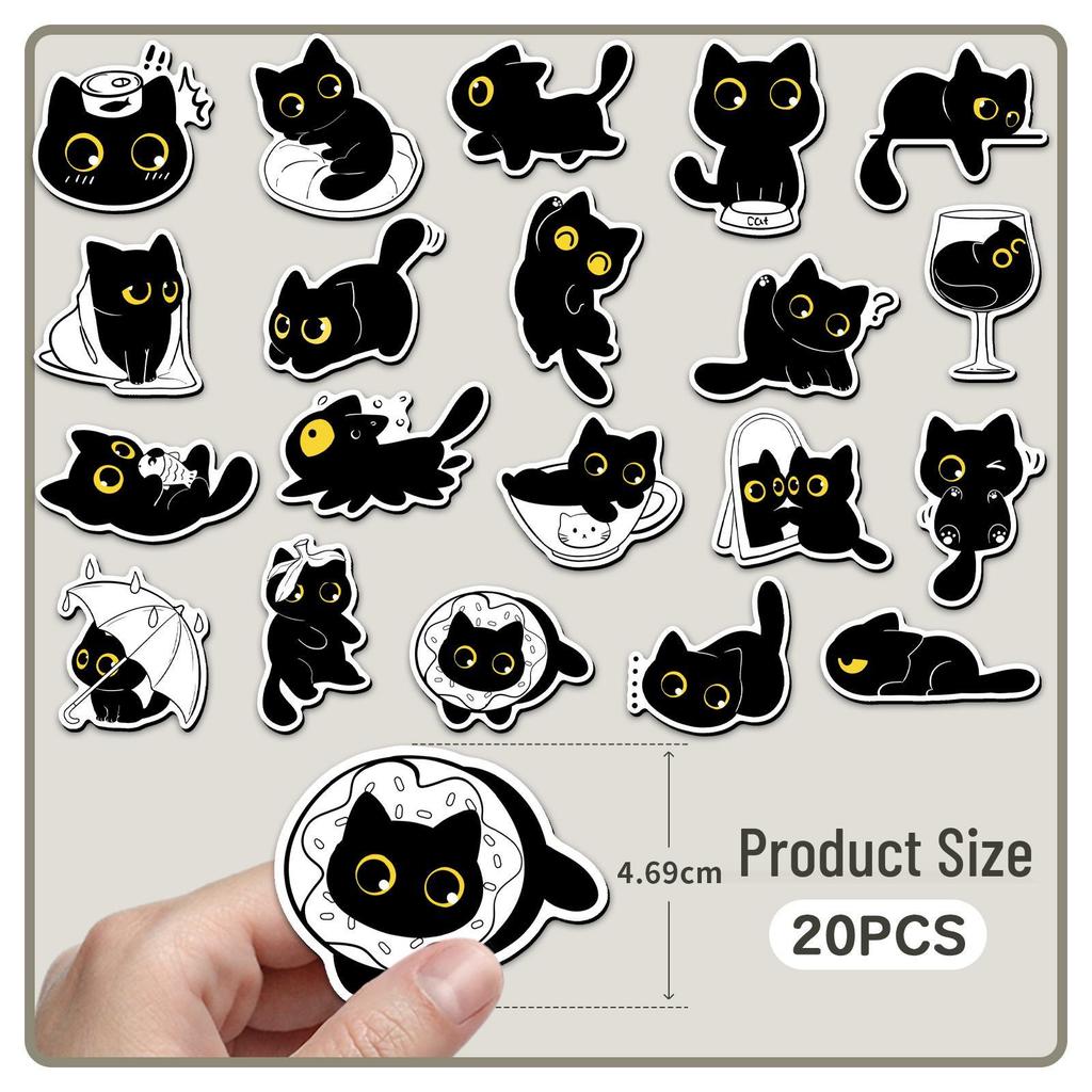 20 Cute Black Cat Waterproof Refrigerator Magnets - Set of 20 Cartoon Kitten Stickers