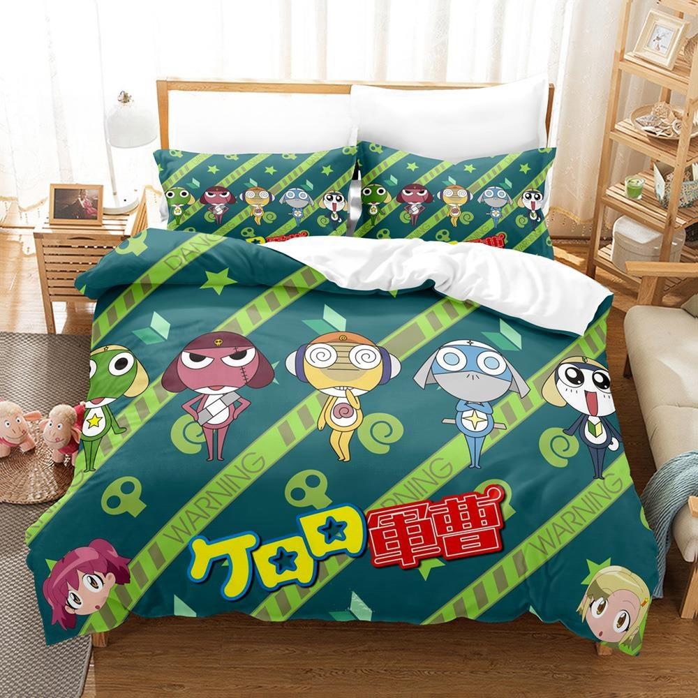 3D Kawaii Cartoons Bed Sheet Keroro Frog Bedding Set Single Twin Full Queen King Size Bed Set Adult Kid Bedroom Duvet Cover Sets