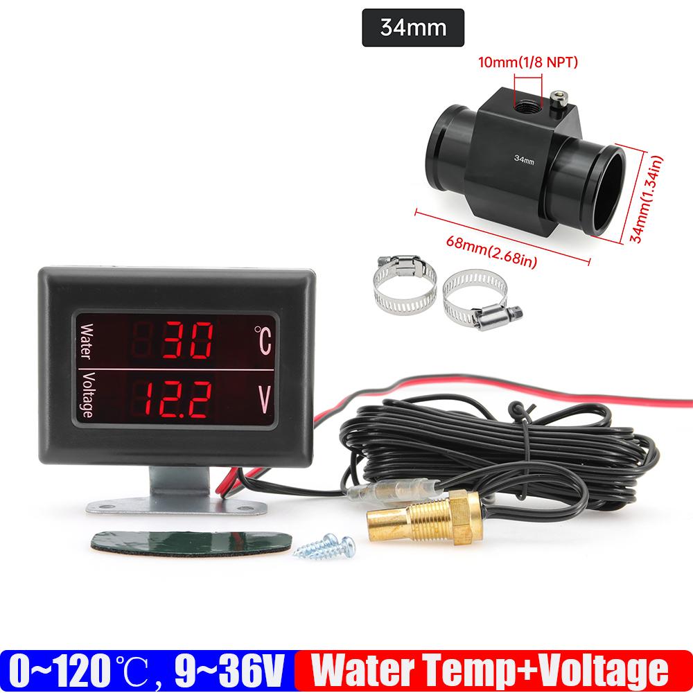 2 IN 1 Auto Car Digital 0~120℃ Water Temperature Gauge+Voltmeter 9-36V Water Temp Sensor Adapter 26MM-40MM for Auto Car Truck