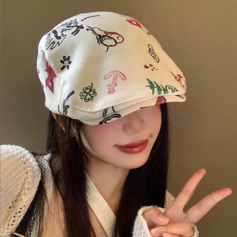 Beret Womens Versatile Hat Featuring Random Graffiti Design Ideal For Spring Summer And