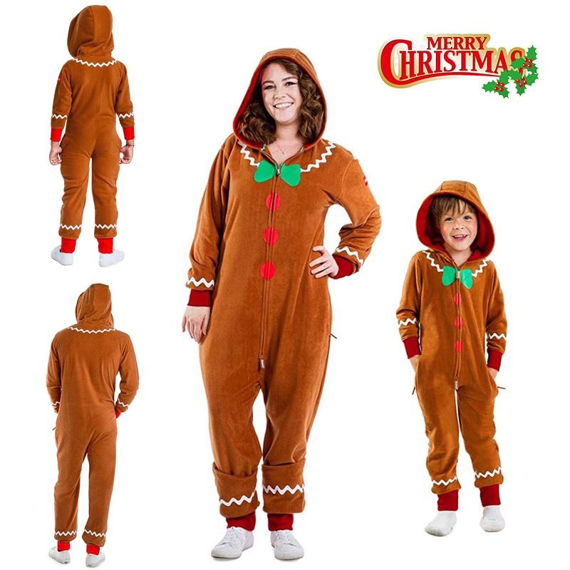 Christmas Gingerbread Man Cosplay Costume Hooded Jumpsuits Adult Kids Xmas Party