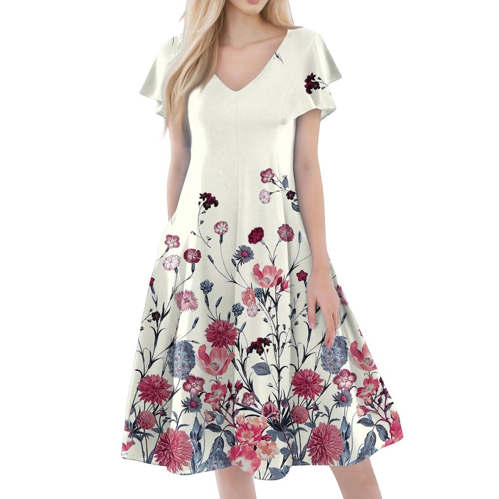 Women's Casual Fashion V-neck Short Sleeve Print Dress With Pockets