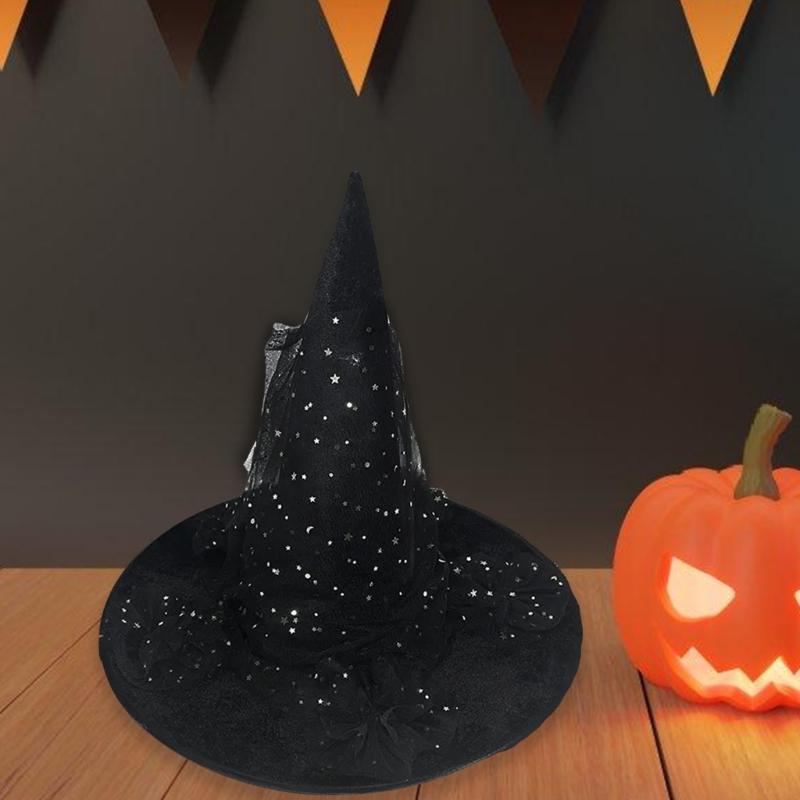 Halloween Party Witch Hats Lace Sequins Ruffled Sheer Pointed Hat Cosplay Accessory Unique Witch Hat