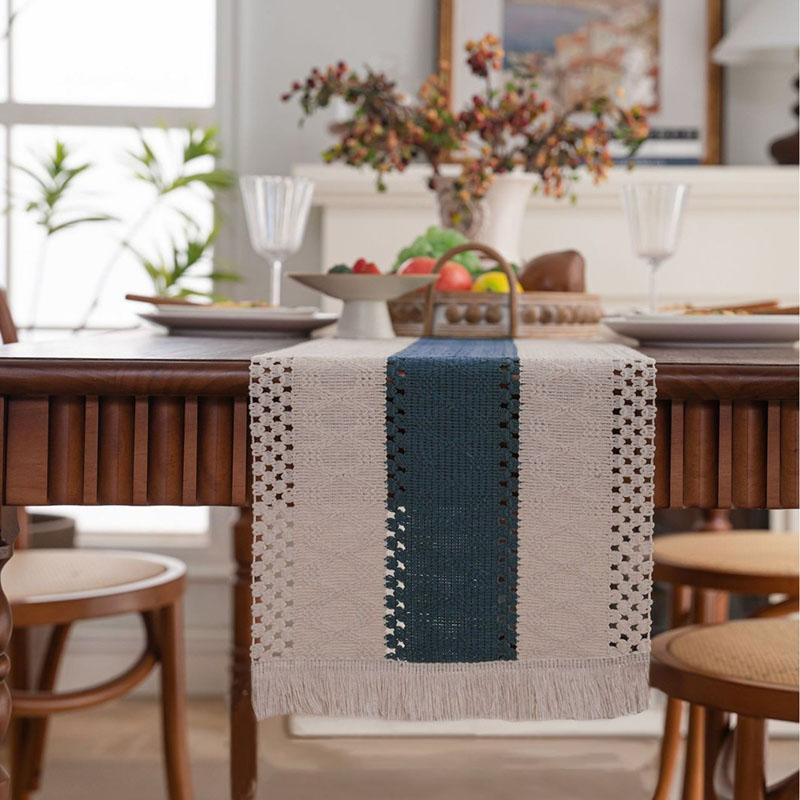 Simple Long Tassel Solid Color Table Runner Woven Dining Table Decoration for Wedding Party Soft Reusable Easy-Care Placemat