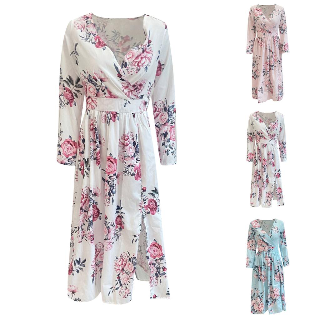 Fashion Women's  V Neck Casual Fashion Printed Pullover Long Sleeve Dress