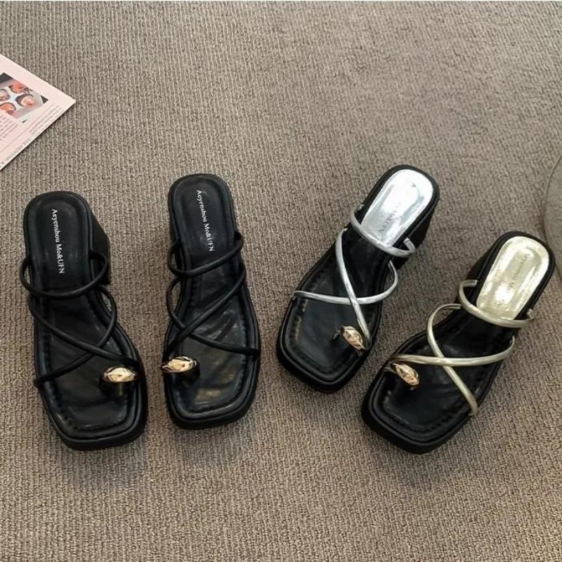 Ladies Shoes Set of Toes Women's Slippers Fashion Metal Decoration Dress Slippers Women Summer Square Toe Platform Slippers