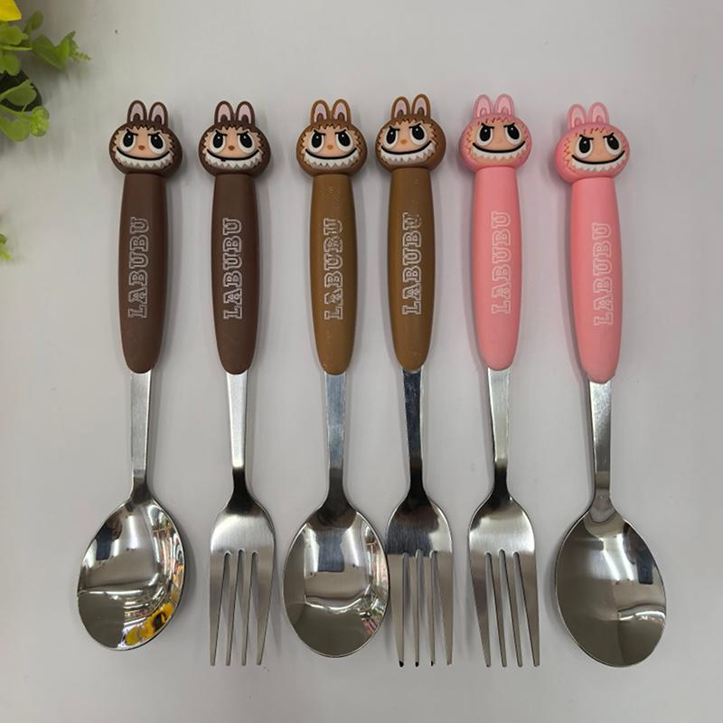 Desene Animate Labubu Mărime Mare Veselă din Oțel Inoxidabil Set Două Piese Veselă pentru Copii Furculiță Lingură Portabilă Produse pentru Copii