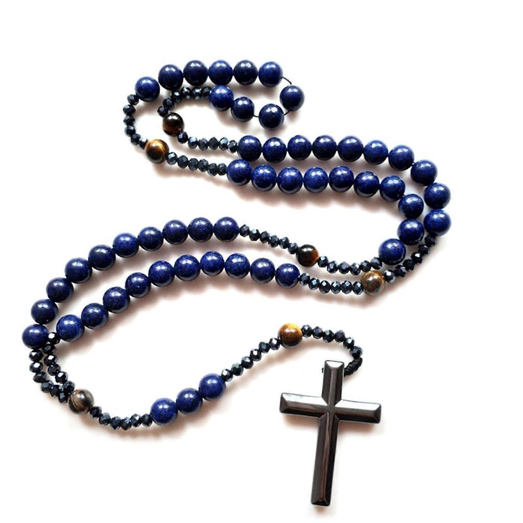 Quality Blue Stone Rosary Necklace with Cross for Men Nightclubs Fine Craftsmanship, Rosary Prayer Religious Necklace