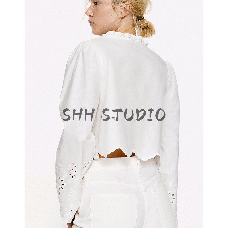 Spring New Women's Clothing Casual Style Puff Sleeves V-neck Hollow Embroider Cotton Shirt Tops 1268146