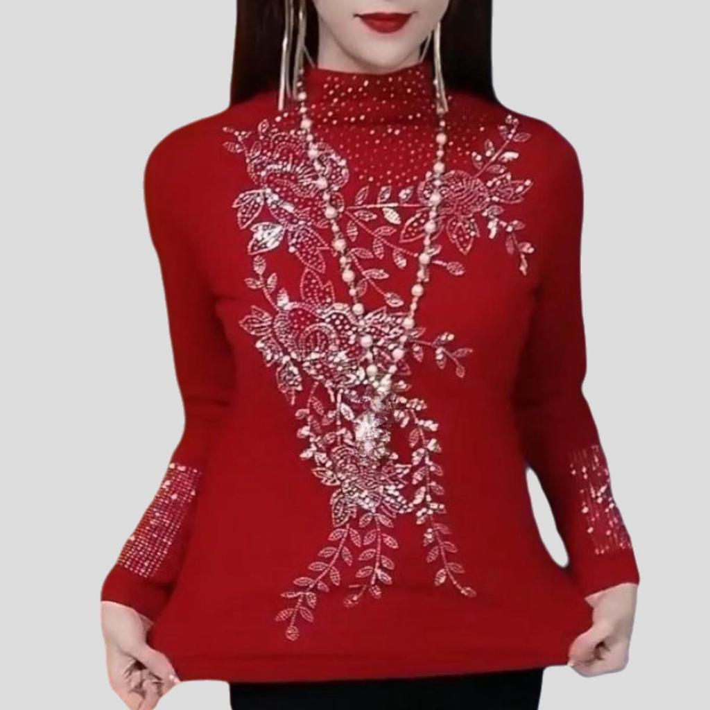 Autumn Winter Women's Fleece-lined Base Shirt Soft and Warm Double-sided Fleece Base Shirt Rhinestone Slim-fit Long-sleeve Stretch T-shirt