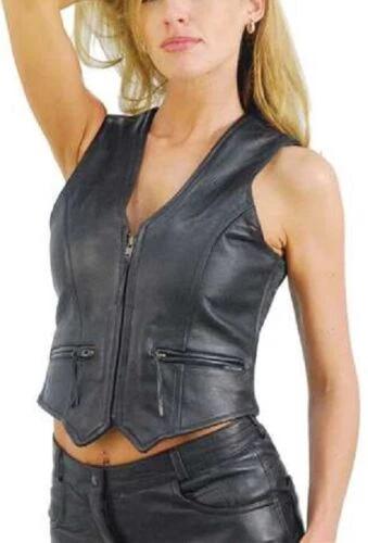 Black Women Vest Coat Real Western Lambskin Leather Classic Button Waistcoat