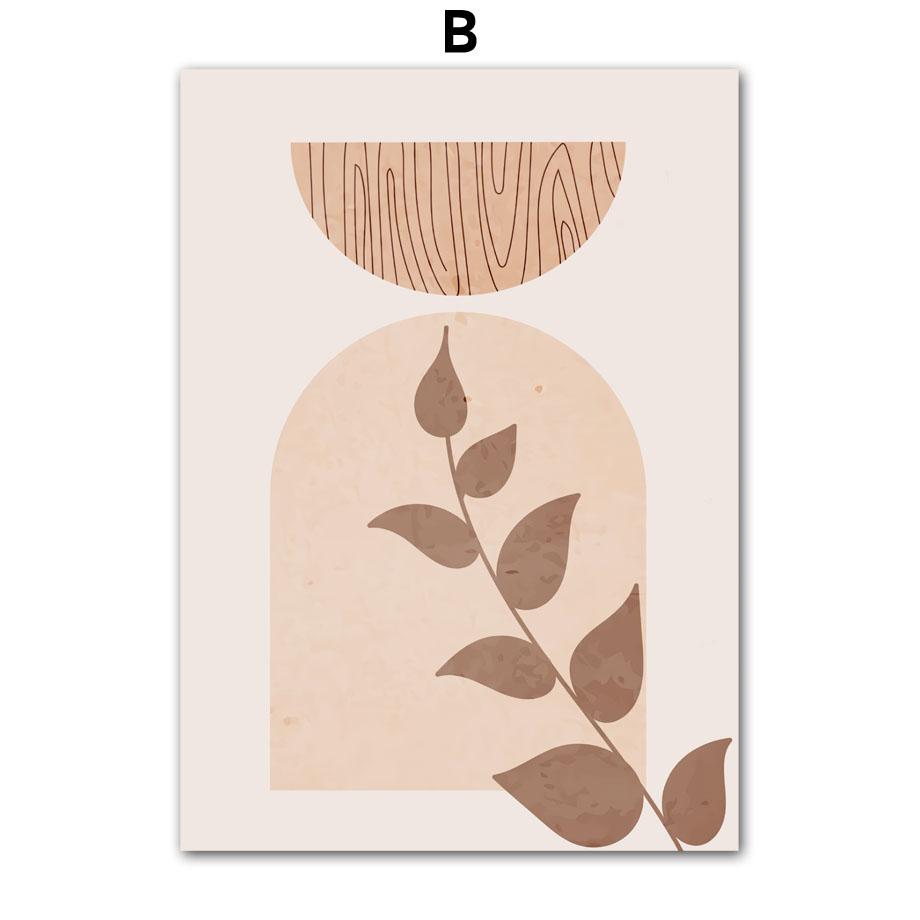 Monstera Leaves Geometric Abstract Boho Canvas Painting, Nordic Posters and Prints, Beige Pictures for Living Room Decor